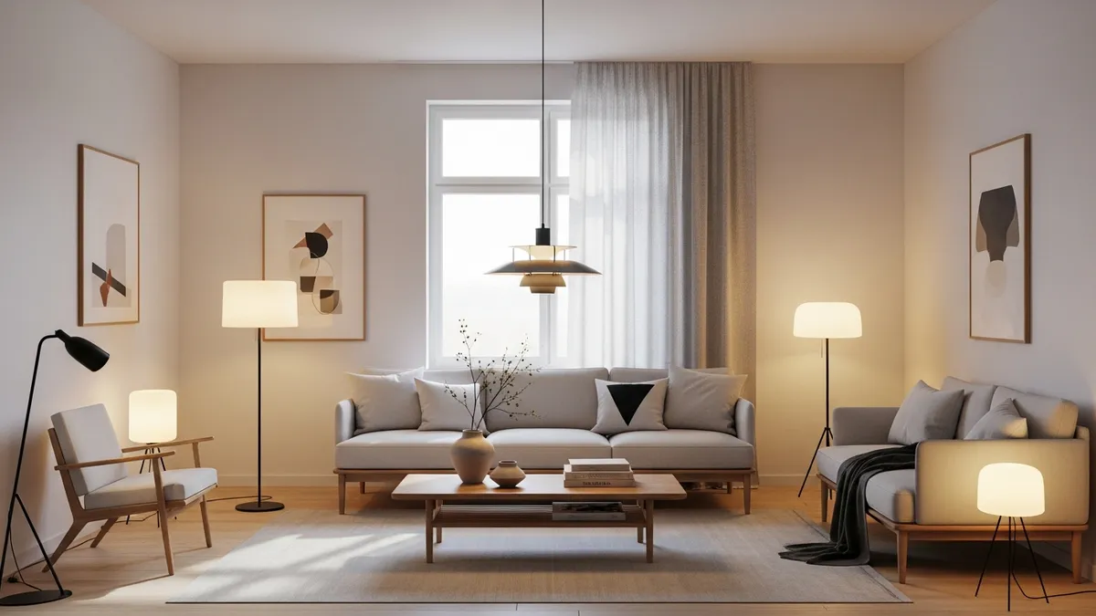 Minimalist living room lighting design with natural and artificial light sources