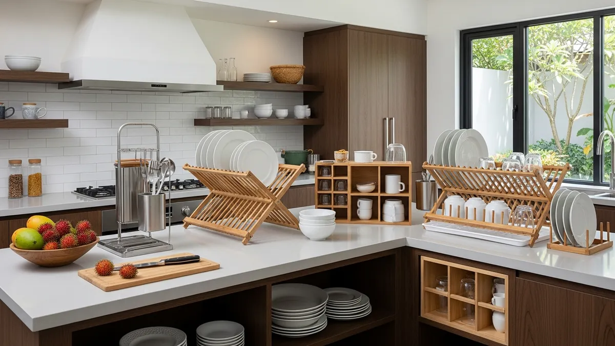 Various types of minimalist plate racks with stainless steel and wood materials