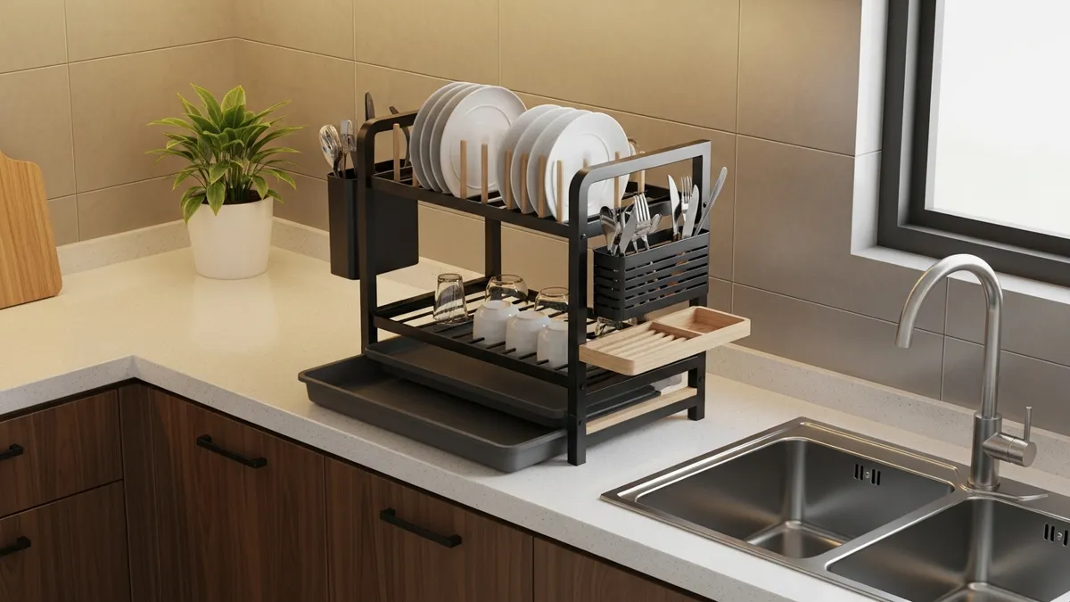 Space-saving plate rack solution for small modern apartment kitchen