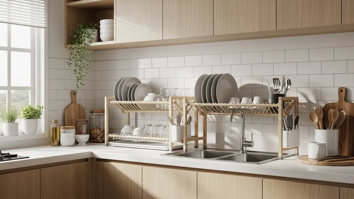 Neutral-toned minimalist plate rack color combination with kitchen decoration