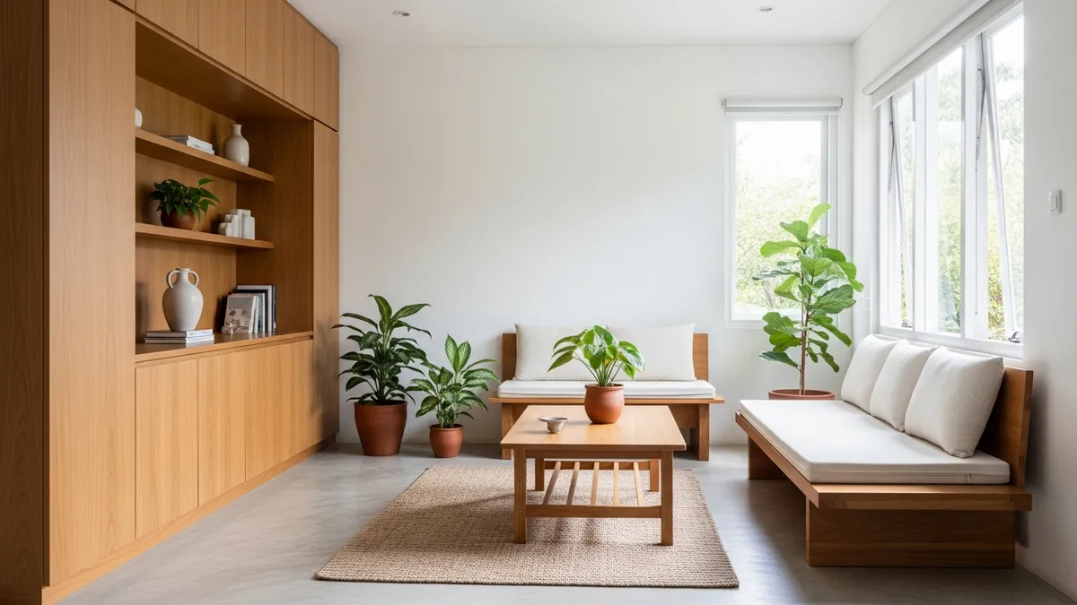 Minimalist living room with multi-functional furniture and organized storage systems