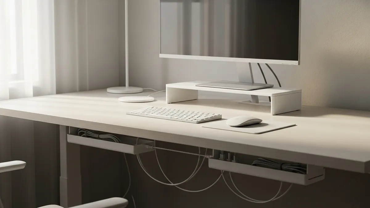 Clean home office desk with organized cable management using under-desk cable trays and cord clips