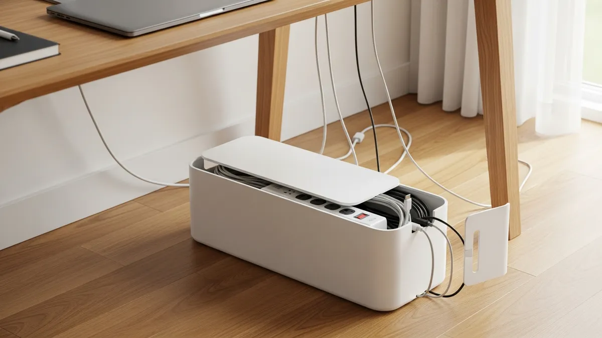 White cable management box hiding power strip and cords next to a home office desk