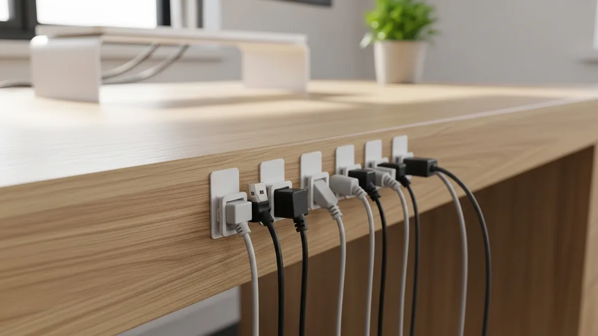 Adhesive cable clips organizing USB and power cords along the edge of a wooden desk