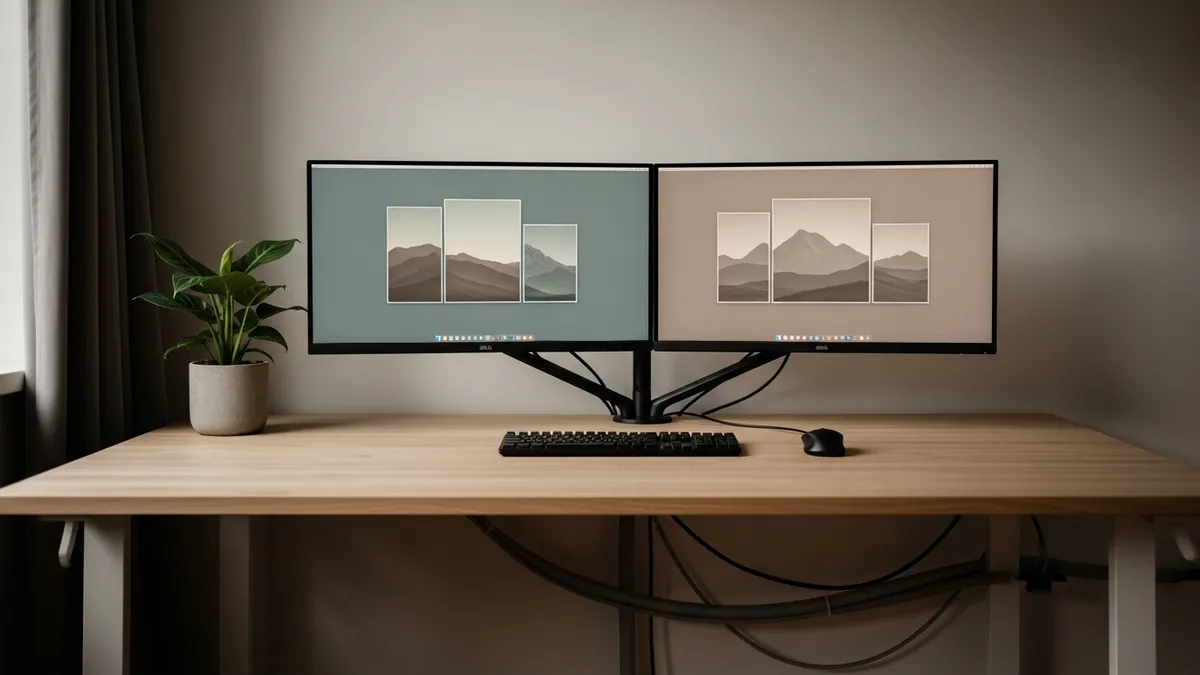 Minimalist dual monitor desk setup with hidden cables using cable sleeves and desk grommets