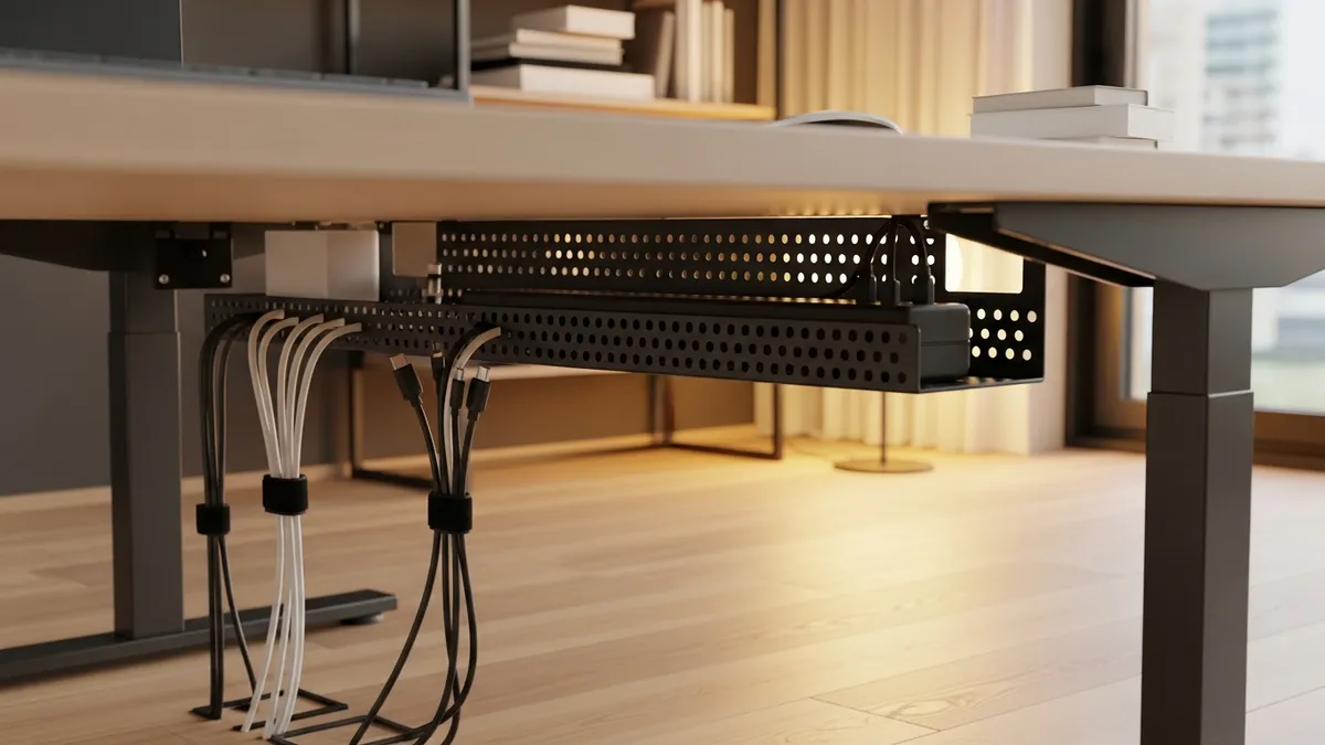 Under-desk cable management tray holding power strip and bundled cords off the floor