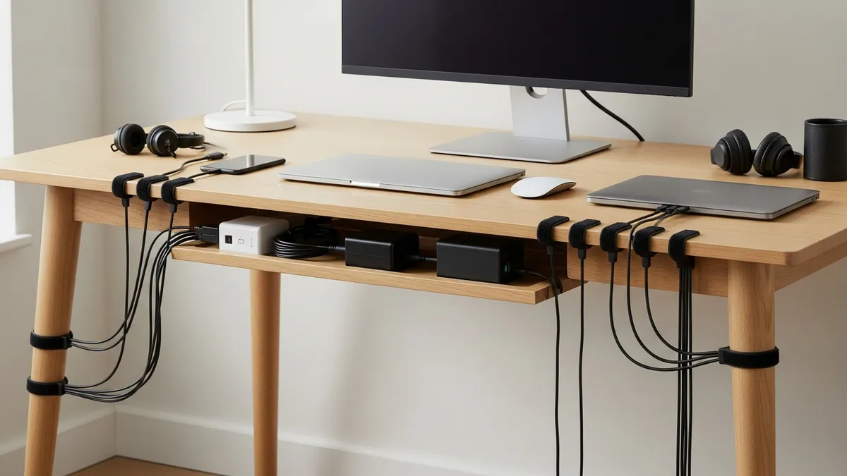 Cable management desk setup ideas with under-desk cable tray and velcro ties for a clean workspace