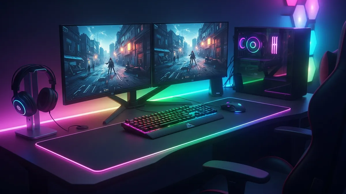 Gaming desk setup ideas with RGB lighting, dual monitors, mechanical keyboard, and headset stand