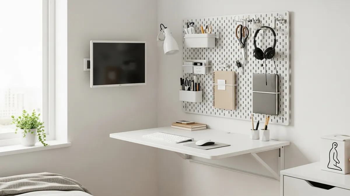 Small space desk setup ideas with floating wall-mounted desk and pegboard storage for compact home offices