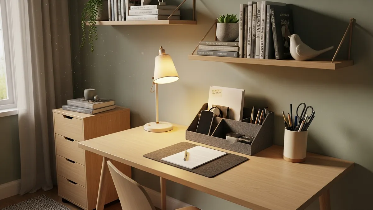 Desk setup storage ideas with desktop organizer, small drawer unit, and wall-mounted shelves for a tidy workspace