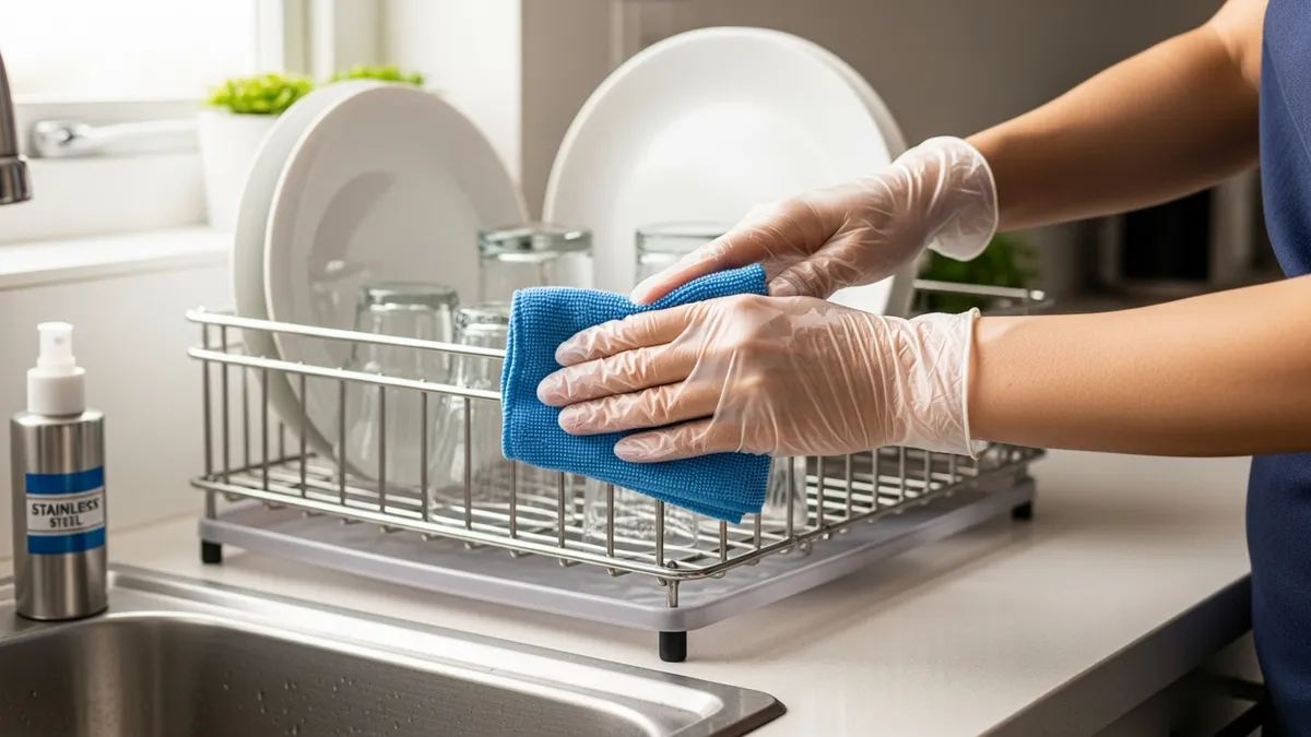 Hands cleaning and maintaining stainless steel dish drying rack for hygiene