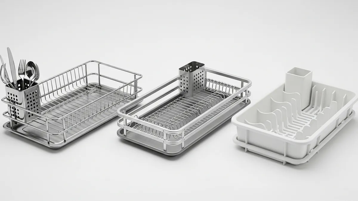 Comparison of stainless steel, aluminum, and plastic dish drying rack materials