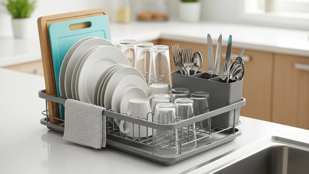 Properly organized dish drying rack showing optimal placement of dishes and utensils