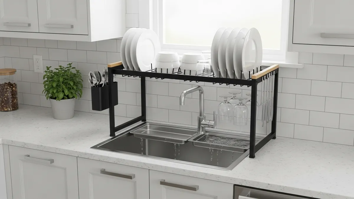 Space-saving over-sink dish drying rack in compact modern kitchen