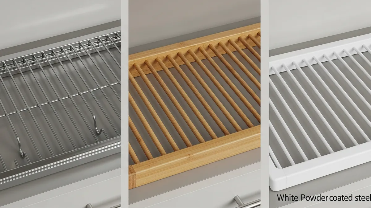 Comparison of dish rack materials for kitchen cabinet: chrome wire, bamboo, and powder-coated steel