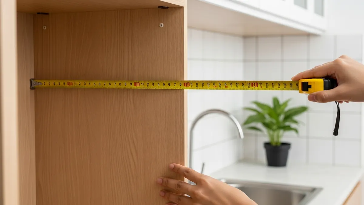 Measuring kitchen cabinet interior dimensions before installing a dish rack