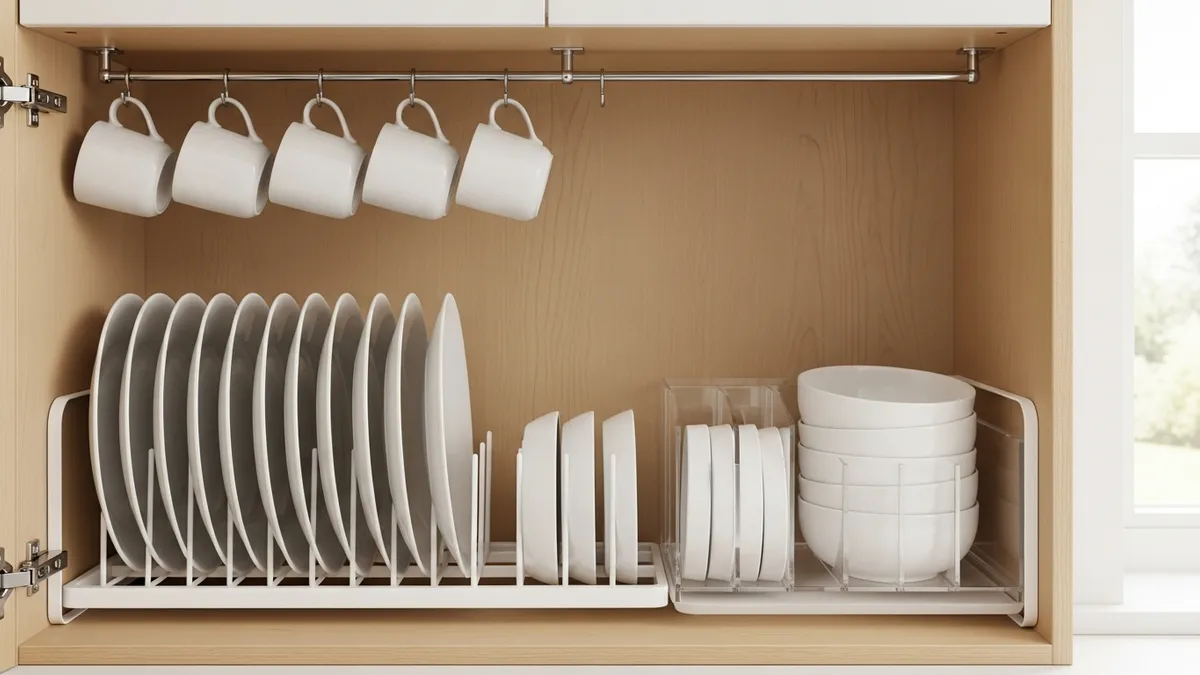 Organized kitchen cabinet with dish rack showing vertically stacked plates and separated bowls