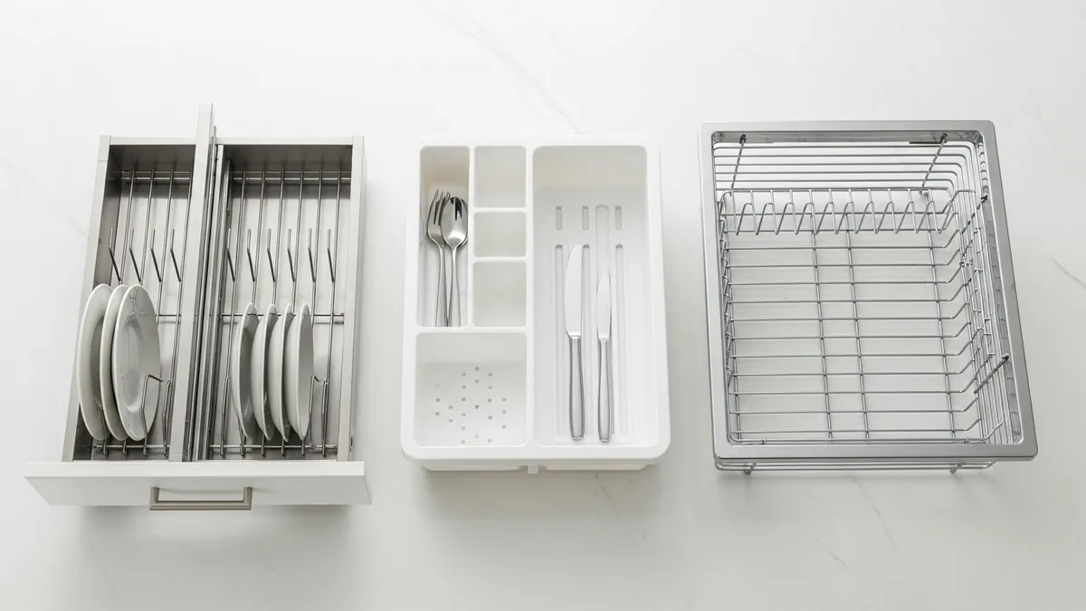 Three types of dish rack for kitchen cabinet: stainless steel pull-out, plastic sliding, and wire insert rack