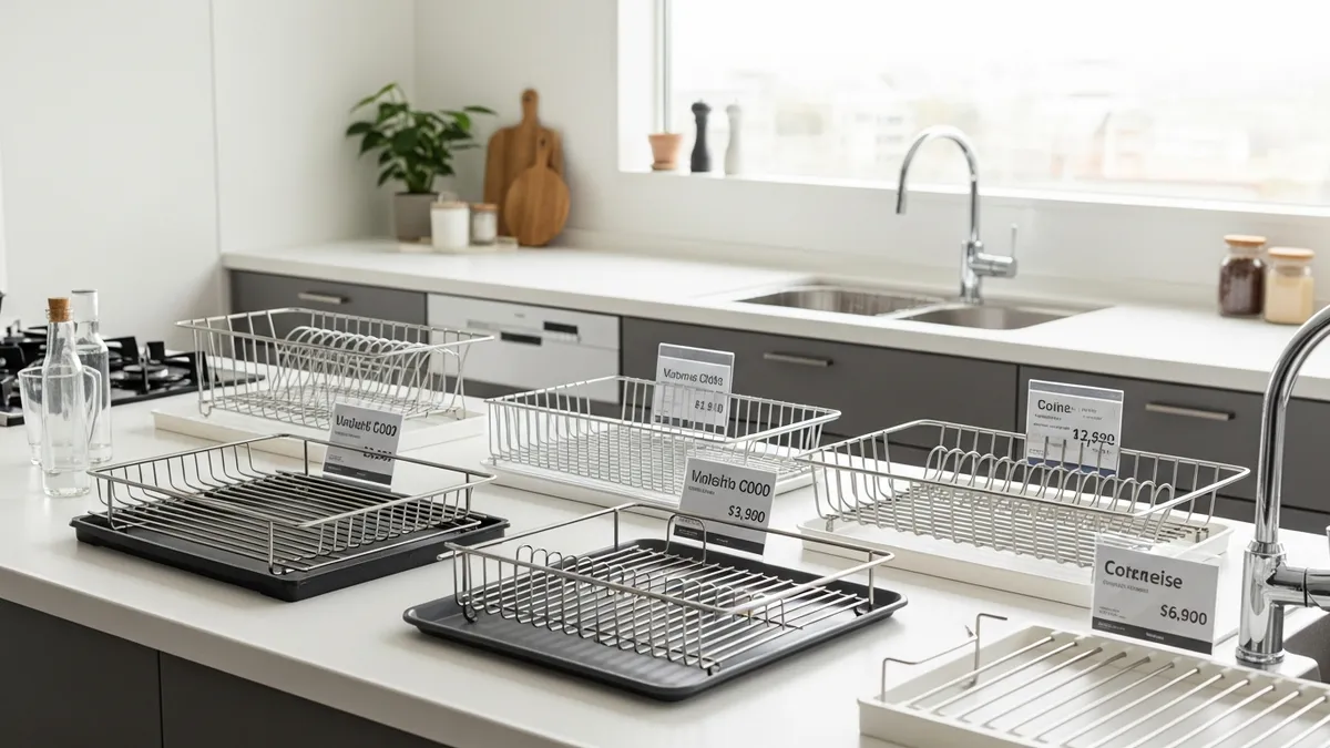Various dish rack types with different price points displayed in modern kitchen