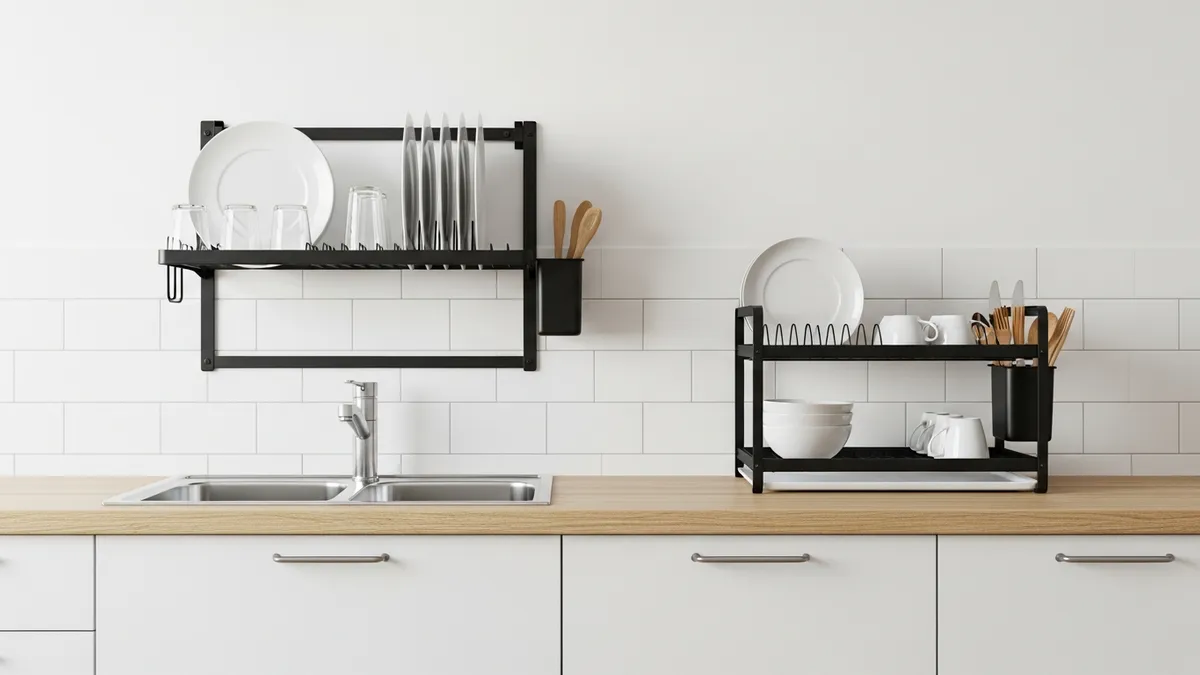 Wall mounted and countertop dish rack installation options in modern kitchen