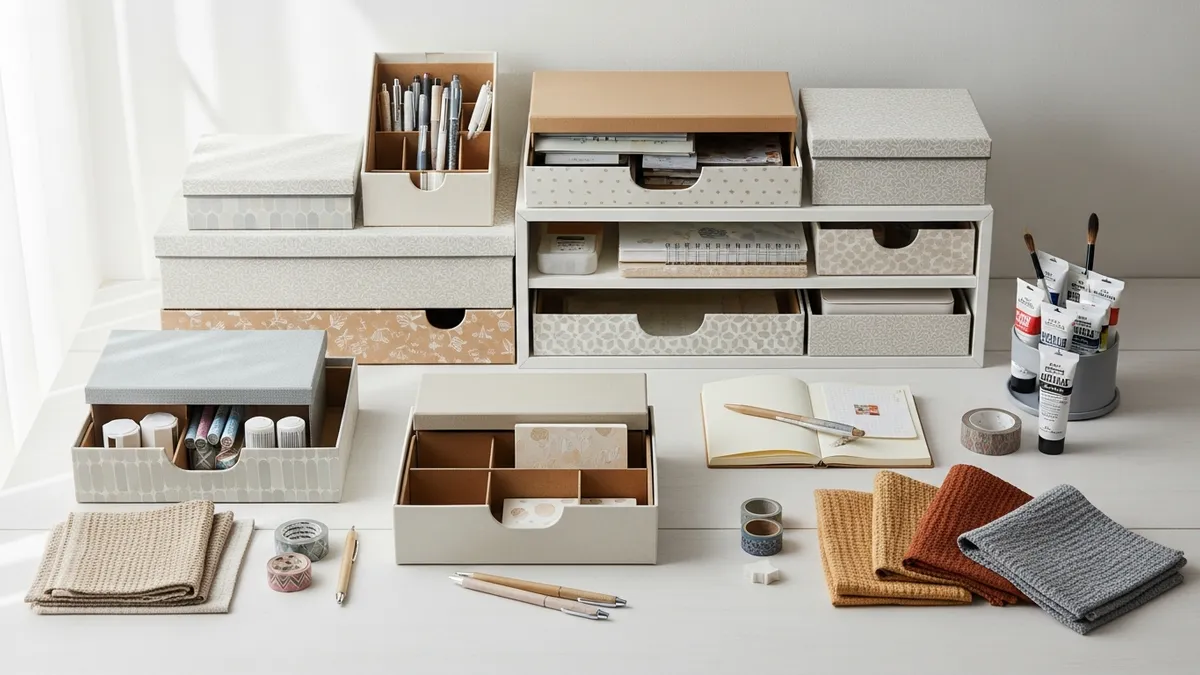 DIY cardboard box storage ideas for home organization with decorated boxes on shelves