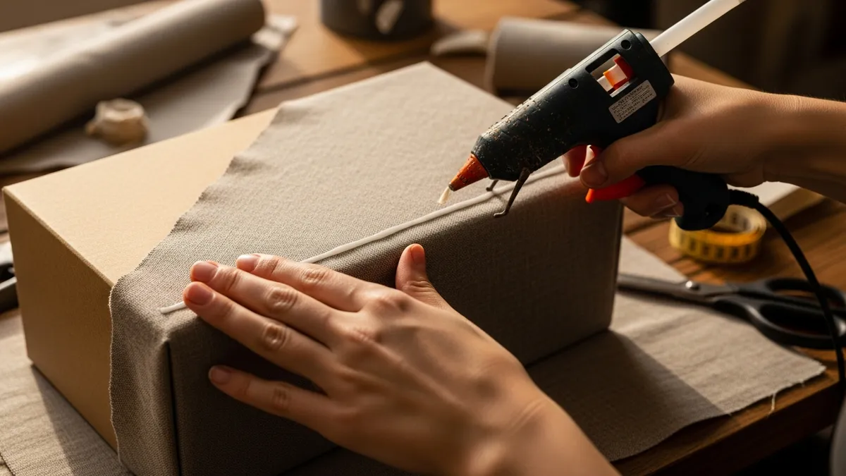 Step-by-step DIY cardboard box covered in fabric to make a stylish home storage bin
