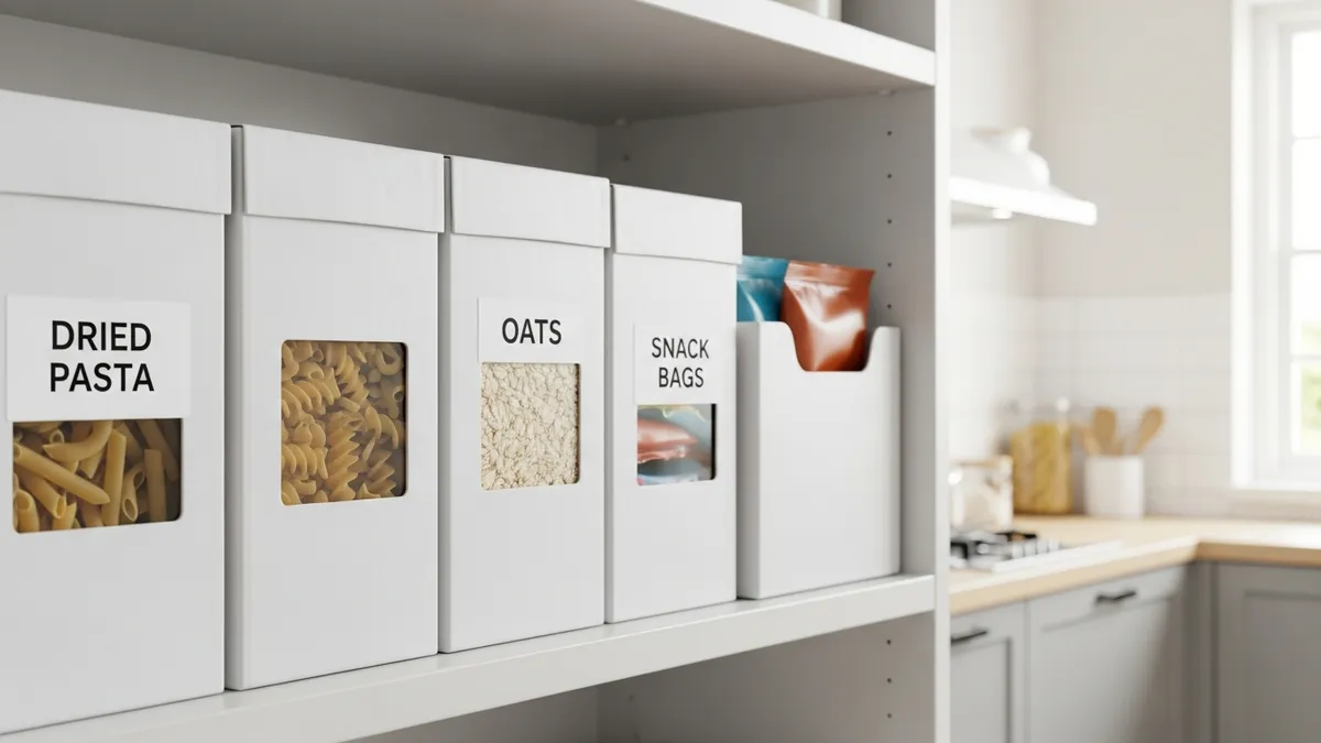 DIY cardboard box pantry storage ideas with labeled boxes on kitchen shelves