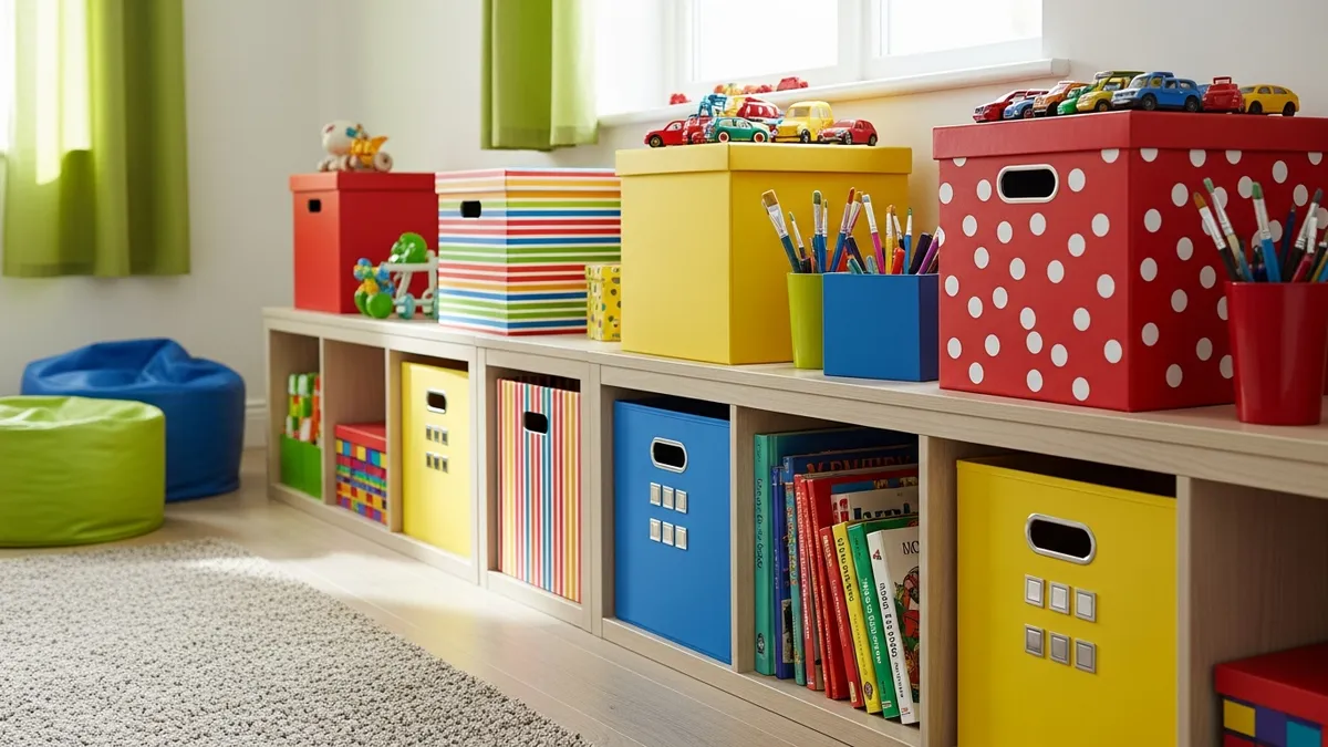 Colorful DIY cardboard box storage ideas for kids bedroom toy organization