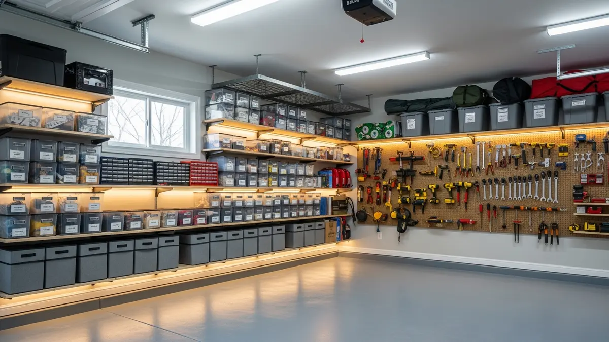 Organized DIY garage storage ideas with wall-mounted shelves, pegboard, and labeled bins in a clean American garage