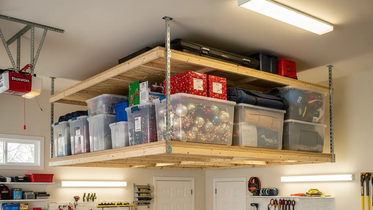 DIY overhead ceiling garage storage platform with large plastic totes and seasonal items