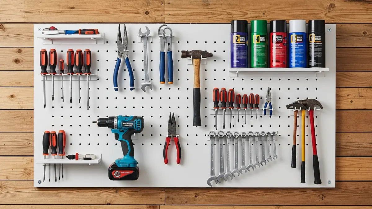 DIY pegboard wall organizer for garage tools with hooks and storage accessories