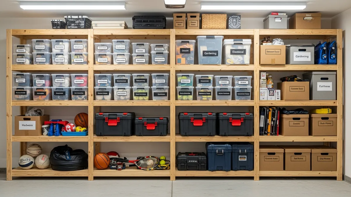 DIY freestanding wooden shelving unit with labeled storage bins for garage organization