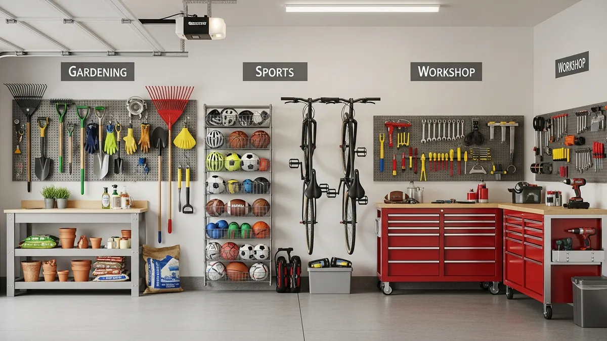 Garage organization zones with labeled areas for gardening tools, sports equipment, and workshop