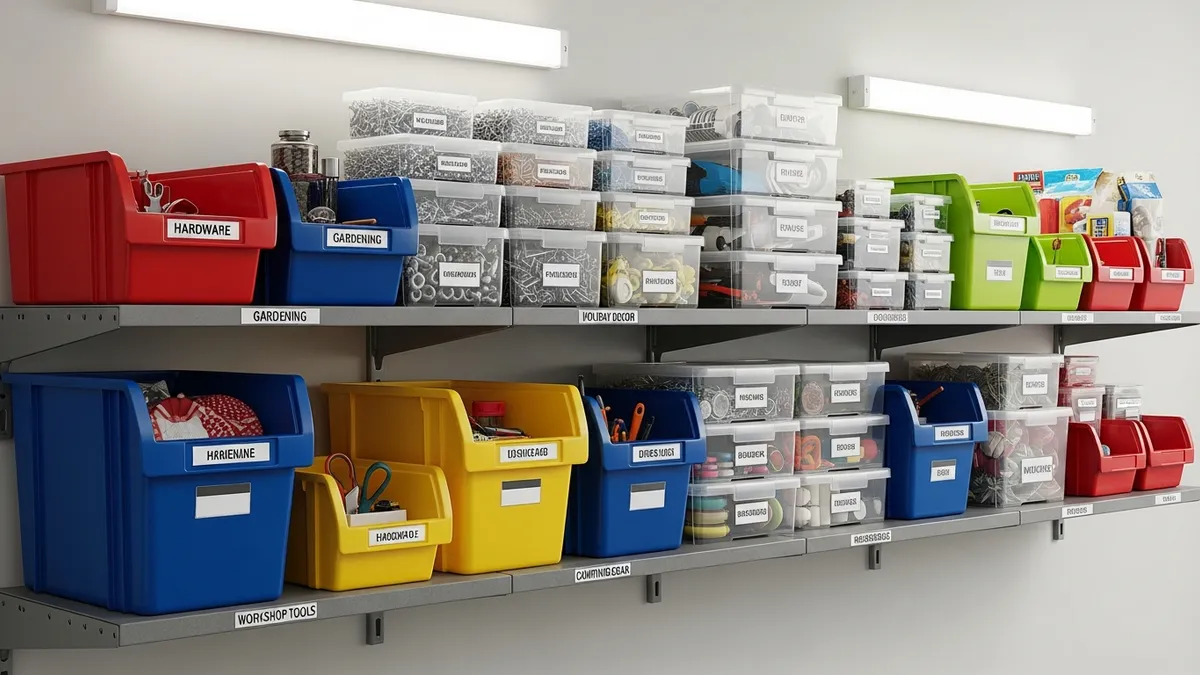 Labeled plastic storage bins and containers organized on garage shelves for systematic DIY garage storage