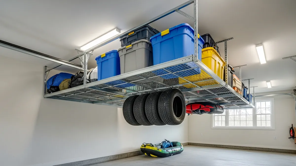 Overhead DIY ceiling storage rack in garage for seasonal items and bulky equipment
