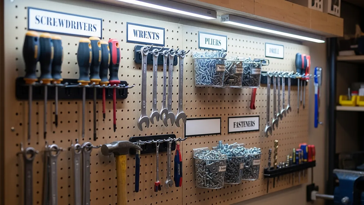 DIY pegboard wall storage system for garage tools and hardware organization