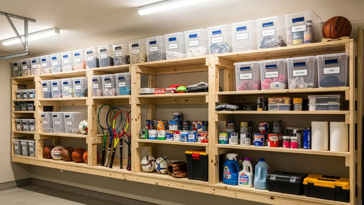 DIY wall-mounted wooden shelving unit with labeled storage bins for garage organization