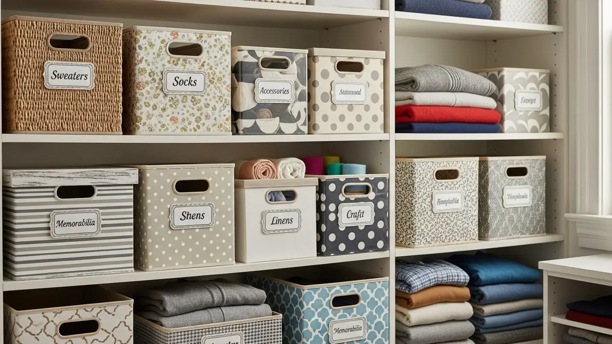 Budget-friendly DIY storage bins and containers with custom labels for closet organization