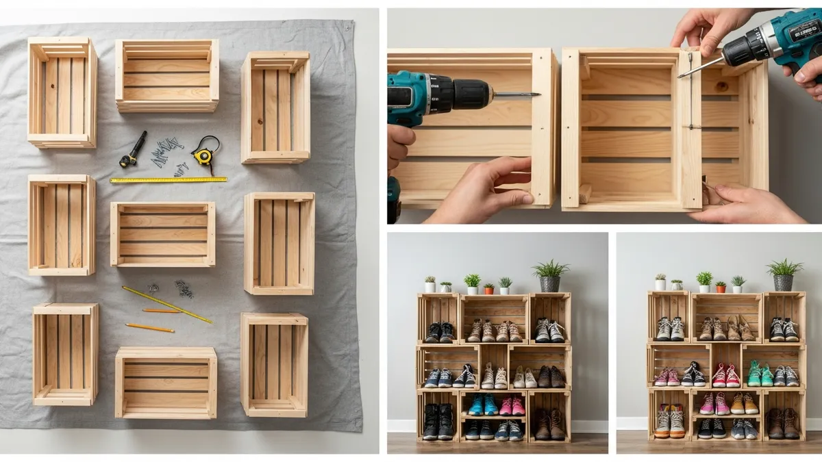 DIY wooden crate shoe storage solution for home organization