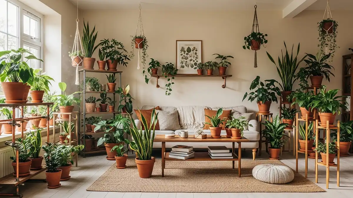 Collection of DIY plant stand ideas in a bright living room with various houseplants
