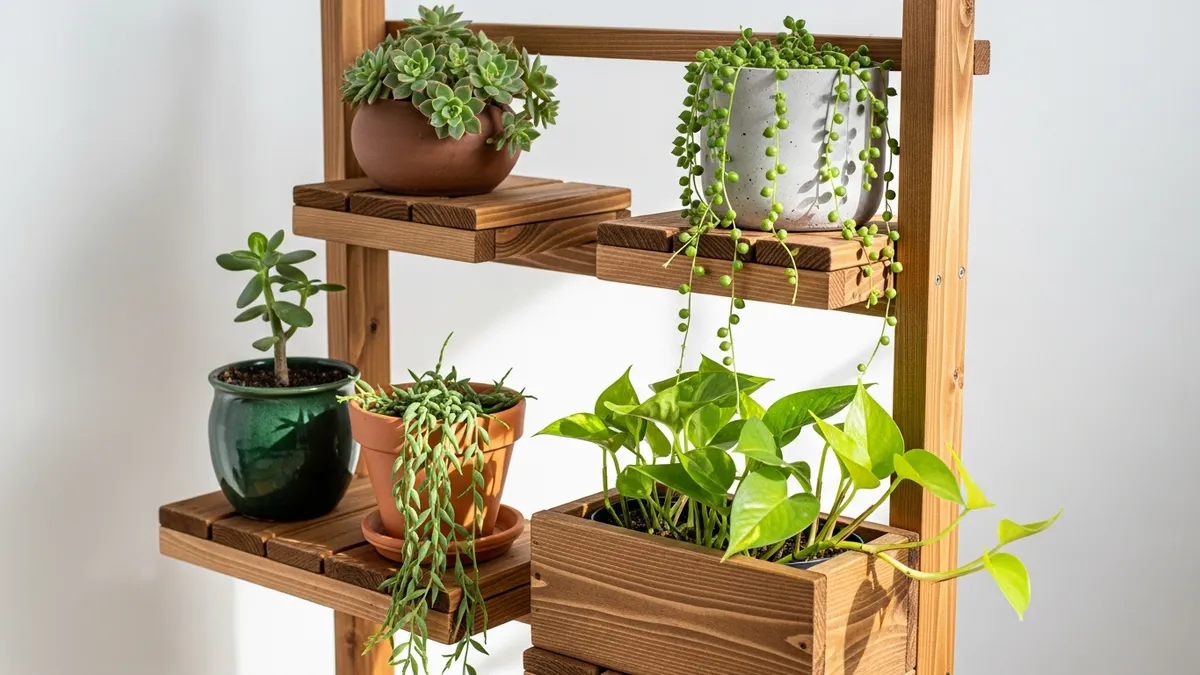 DIY tiered wooden plant stand with succulents and pothos plants