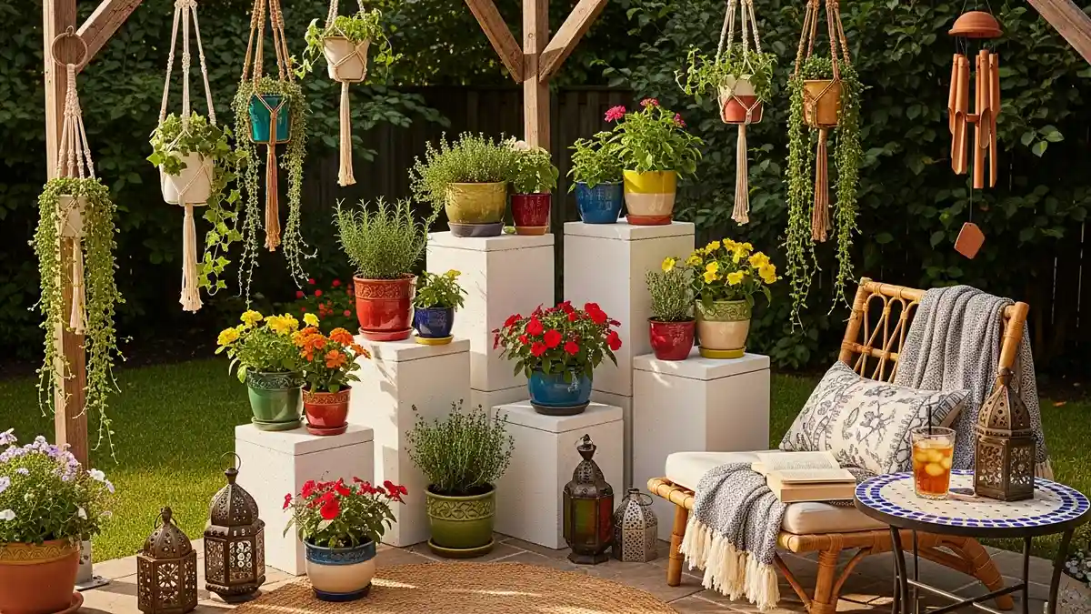 DIY cinder block plant stands on outdoor patio with colorful pots and herbs