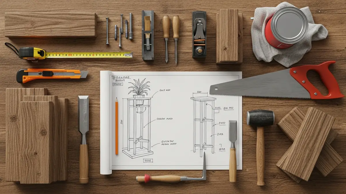 DIY plant stand building tools and materials laid out on a workshop table