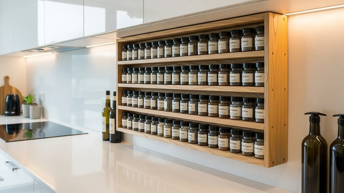 Finished DIY wooden spice rack installed in kitchen