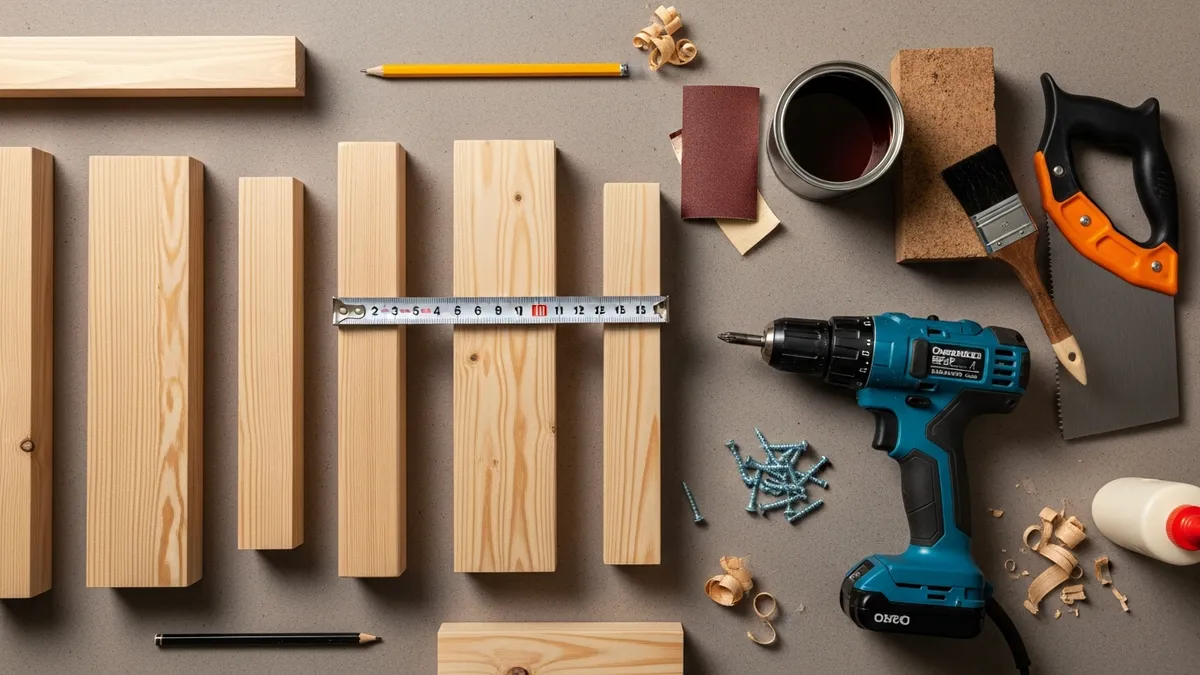 Materials and tools needed for wooden spice rack DIY project