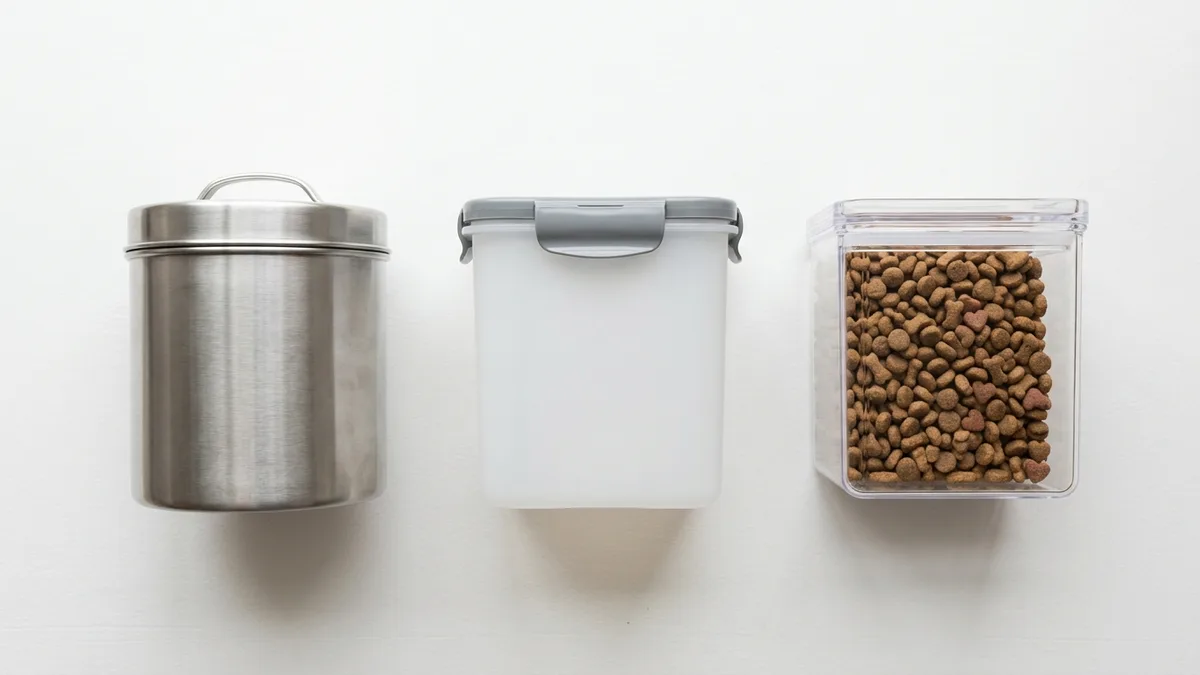 Stainless steel canister BPA-free plastic bin and clear acrylic dog food storage containers side by side on white surface