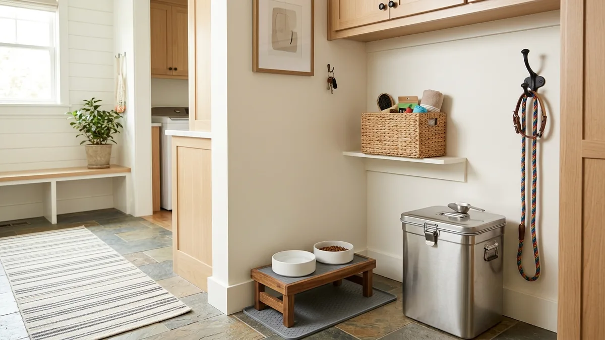 Organized mudroom pet care corner with large sealed food storage bin leash hook and labeled dog accessory basket