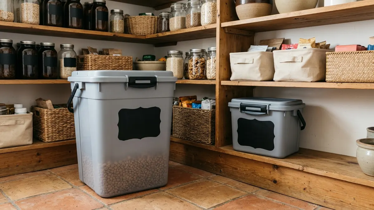 Large floor-standing and small countertop airtight dog food storage bins with chalkboard labels in a home pantry