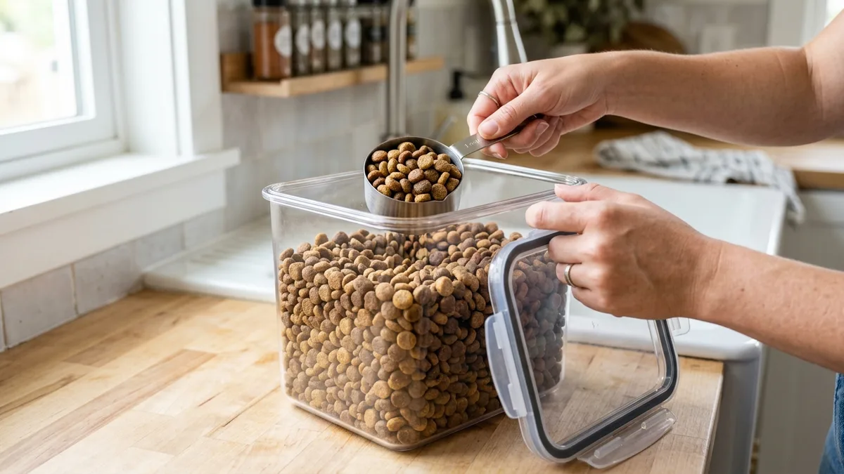 Hands scooping dry dog kibble from a clear airtight food storage container with a measuring scoop on a kitchen counter