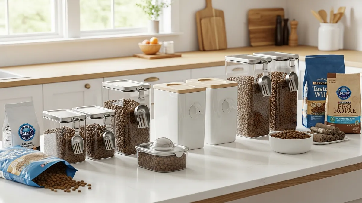 Various dog food containers and storage solutions arranged in modern kitchen for optimal pet food organization